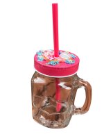 Trinkglas mit Henkel, Schraubdeckel und Trinkhalm