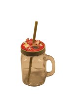 Trinkglas mit Henkel, Schraubdeckel und Trinkhalm