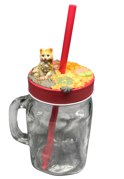 Trinkglas mit Henkel, Schraubdeckel und Trinkhalm