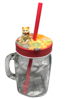 Trinkglas mit Henkel, Schraubdeckel und Trinkhalm