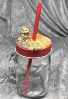 Trinkglas mit Henkel, Schraubdeckel und Trinkhalm