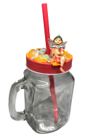 Trinkglas mit Henkel, Schraubdeckel und Trinkhalm