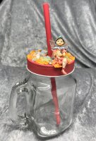 Trinkglas mit Henkel, Schraubdeckel und Trinkhalm