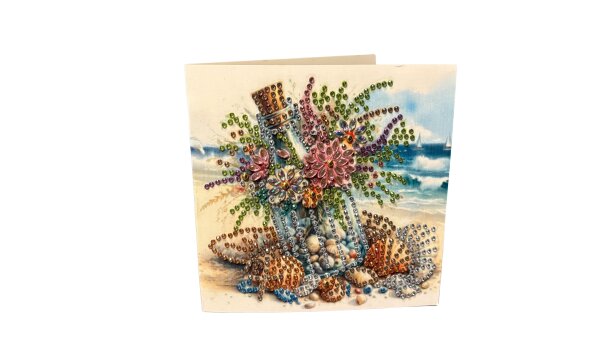 Grußkarte „Diamond Painting Blumenflasche mit Muscheln“