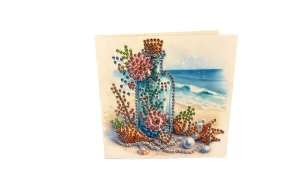 Grußkarte „Diamond Painting Meeresflasche mit Muscheln“