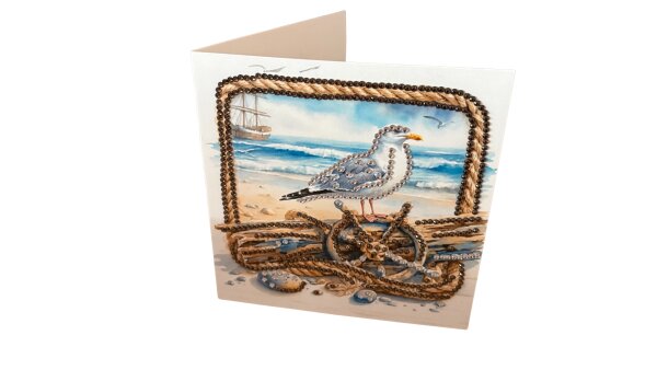 Funkelnde Diamond Painting Grußkarte mit maritimer Möwe am Strand