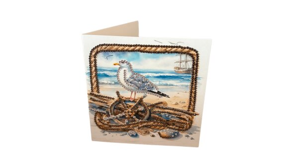 Funkelnde Diamond Painting Grußkarte mit maritimer Möwe am Strand