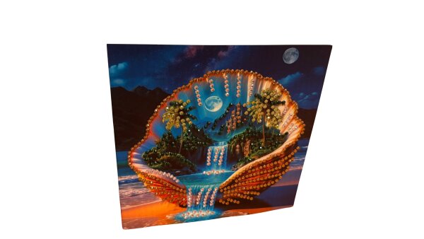 Funkelnde Diamond Painting Grußkarte mit traumhaftem Muschelmotiv bei Nacht