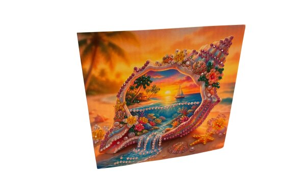 Diamond Painting Grußkarte mit maritimen Muschel-/Strandmotiv (Sonnenuntergang, Meer, Palmen, Unterwasserwelt)