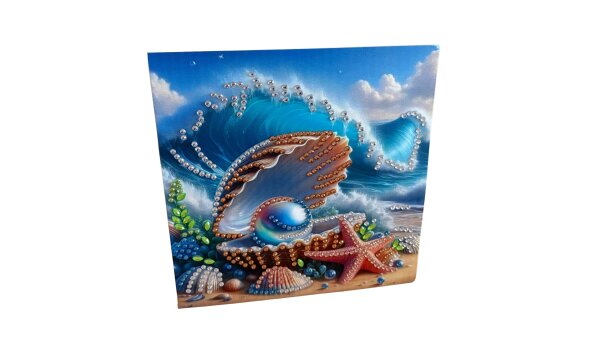 Funkelnde Diamond Painting Grußkarte mit Muschel, Welle & Herzmotiv