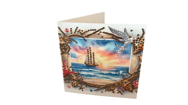 Diamond Painting Grußkarte mit maritimer Strandlandschaft & Segelboot