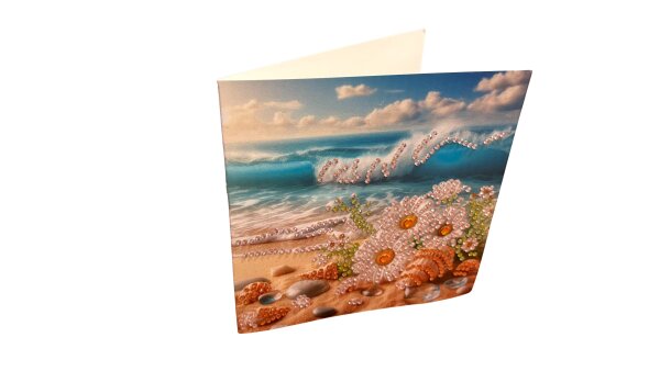 Diamond Painting Grußkarte mit Strandblumen & Meereswellen