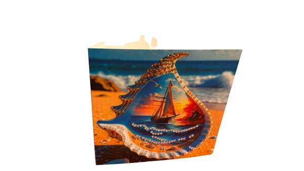 Diamond Painting Grußkarte mit Segelschiff in Muschel (Sonnenuntergang)