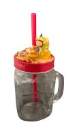 Trinkglas mit Henkel, Schraubdeckel und Trinkhalm