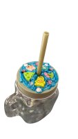 Trinkglas mit Henkel, Schraubdeckel und Trinkhalm