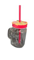 Trinkglas mit Henkel, Schraubdeckel und Trinkhalm