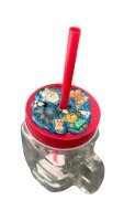 Trinkglas mit Henkel, Schraubdeckel und Trinkhalm