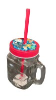 Trinkglas mit Henkel, Schraubdeckel und Trinkhalm