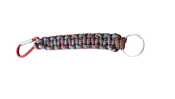 Schlüsselanhänger aus Paracord rotbraun-türkis - roter Karabiner